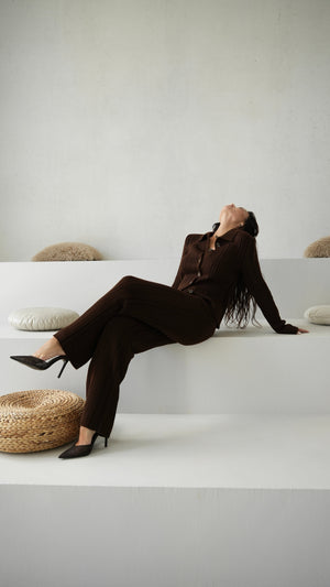 Lucienne Knit Shirt & Trouser Set – Brown