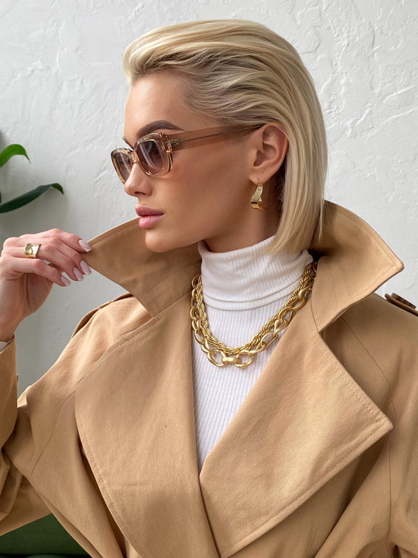 Dorothée Belted Faux-Leather Trench – Camel