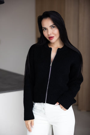 Romy Zip-Front Knit Jacket – Black
