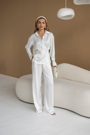Armelle Satin Shirt & Trouser Set – Milk White