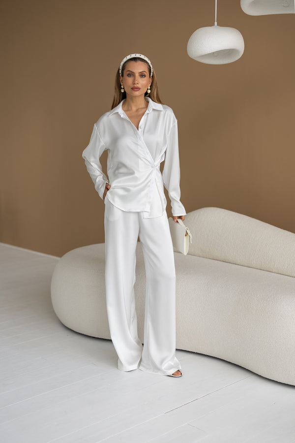 Armelle Satin Shirt & Trouser Set – Milk White