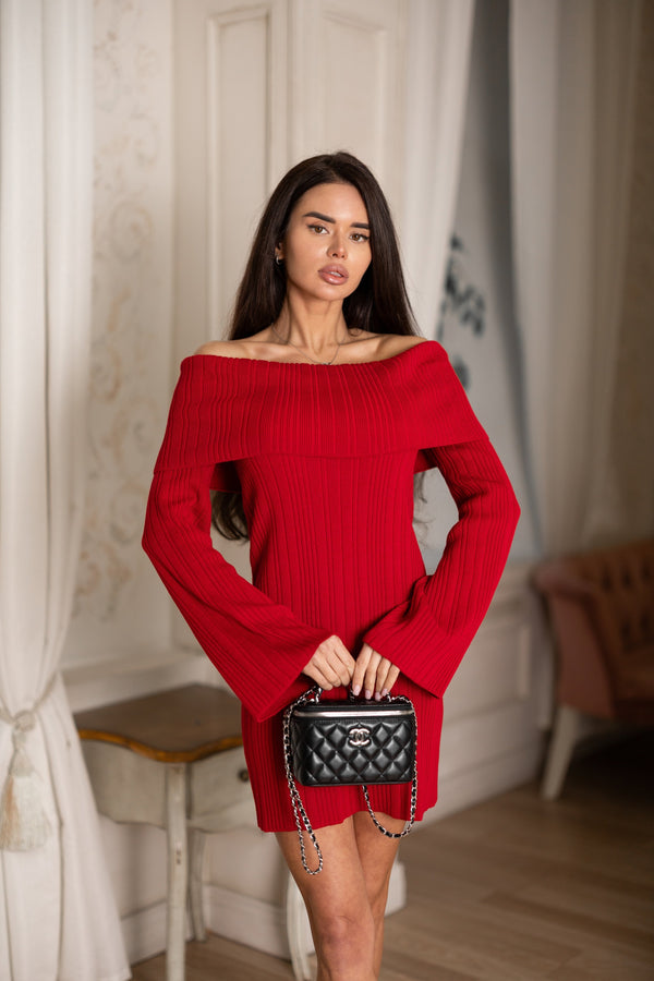 Noor Off-Shoulder Knit Dress – Red