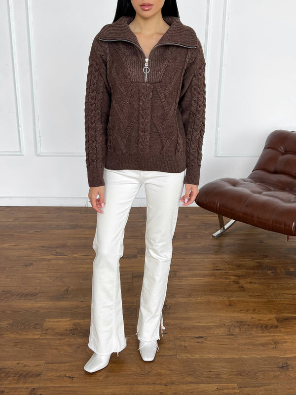 Vera Cable Half-Zip Sweater – Brown