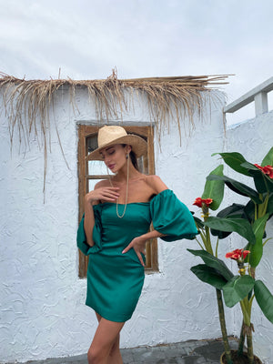 Sylvette Off-Shoulder Satin Mini Dress – Emerald