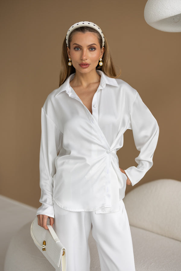 Armelle Satin Shirt & Trouser Set – Milk White