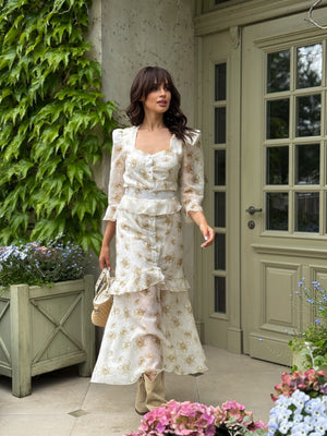 Sixtine Printed Tiered Maxi Dress – Beige