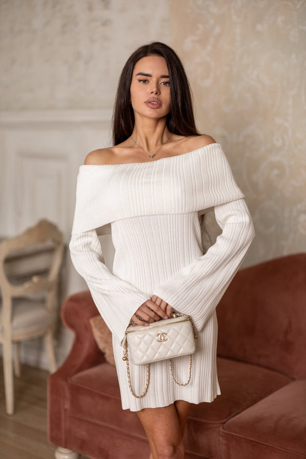 Noor Off-Shoulder Knit Dress – Milk White