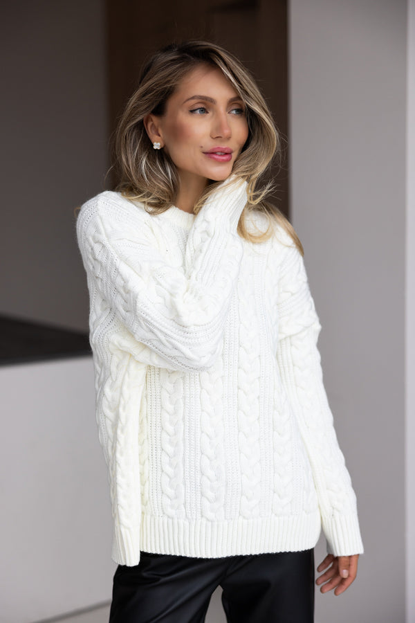 Mireille Cable Knit Sweater – Milk White