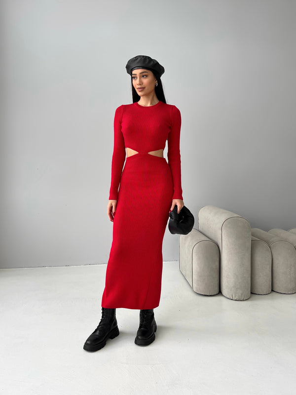 Nadia Ribbed Cut-Out Knit Set – Red