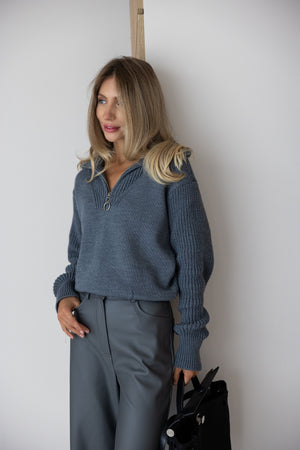 Éliane Half-Zip Cropped Sweater – Charcoal
