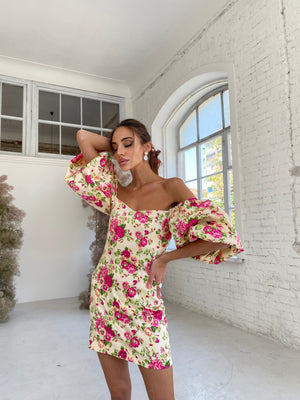 Sylvette Off-Shoulder Satin Mini Dress – Pink Floral