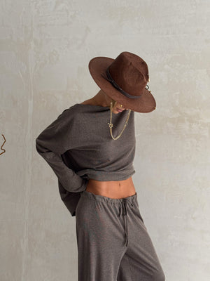 Céleste Off-Shoulder Knit Set – Dark Gray