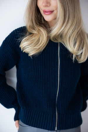 Romy Zip-Front Knit Jacket – Navy