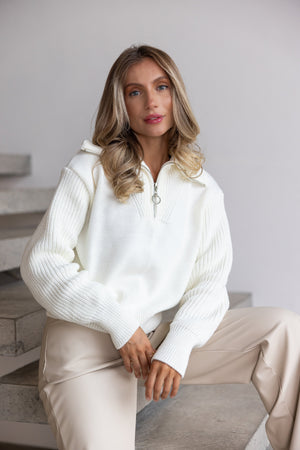 Éliane Half-Zip Cropped Sweater – Milk White