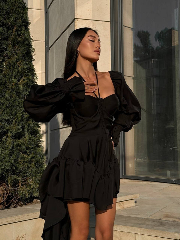 Éliette High-Low Ruffled Dress – Black