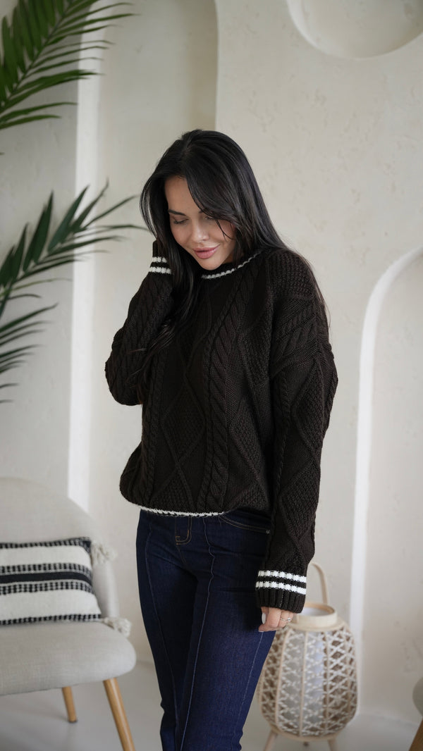 Beatrice Contrast-Trim Cable Sweater – Black