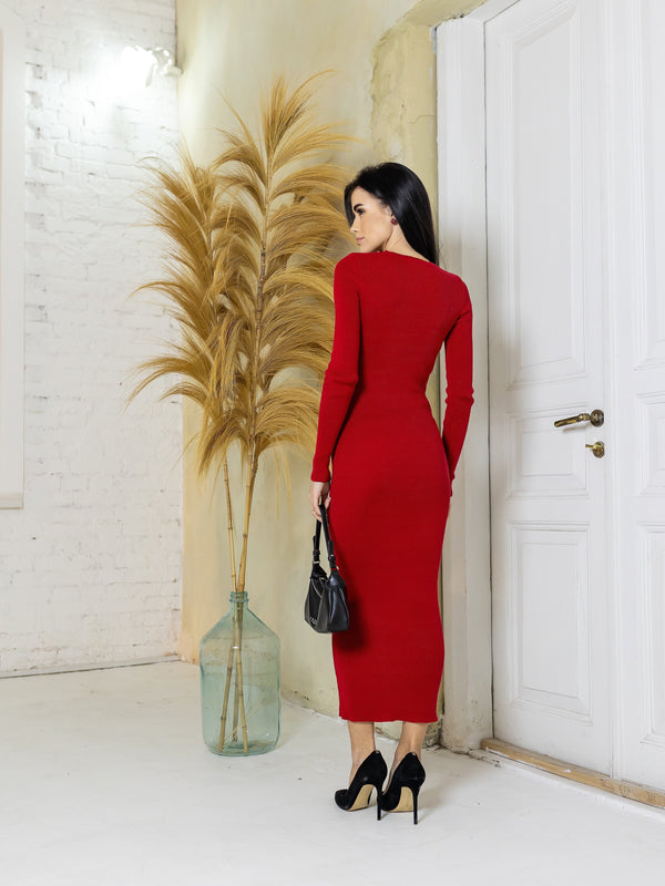 Manon Ribbed Midi Dress – Red