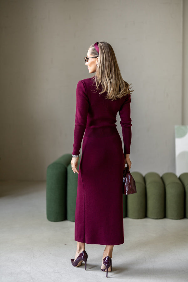 Sylvie Collared Knit Midi Dress – Burgundy
