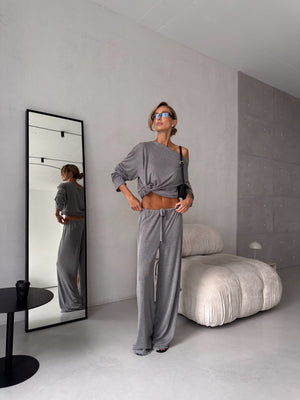 Céleste Off-Shoulder Knit Set – Grey
