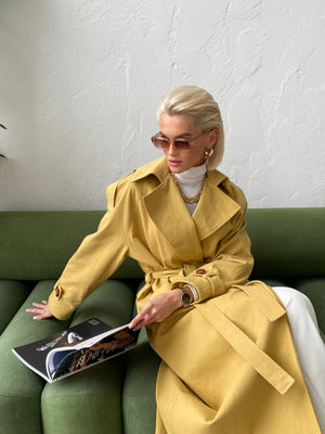 Dorothée Belted Faux-Leather Trench – Mustard