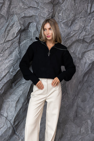 Éliane Half-Zip Cropped Sweater – Black