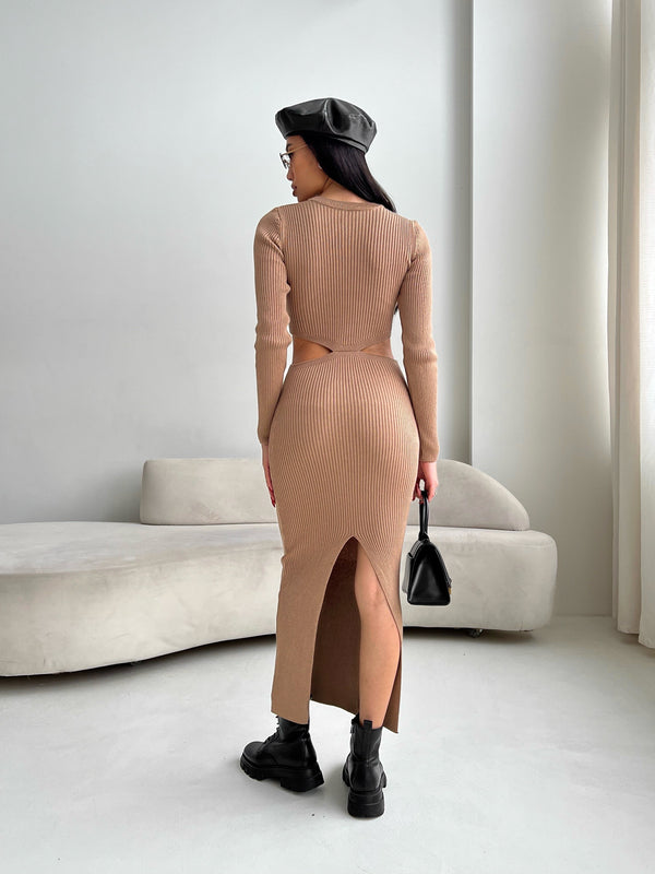 Nadia Ribbed Cut-Out Knit Set – Camel