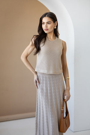 Ophélie Knit Top & Pleated Skirt Set – Beige