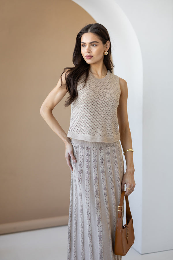 Ophélie Knit Top & Pleated Skirt Set – Beige