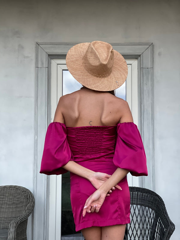 Sylvette Off-Shoulder Satin Mini Dress – Fuchsia