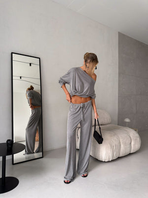 Céleste Off-Shoulder Knit Set – Grey