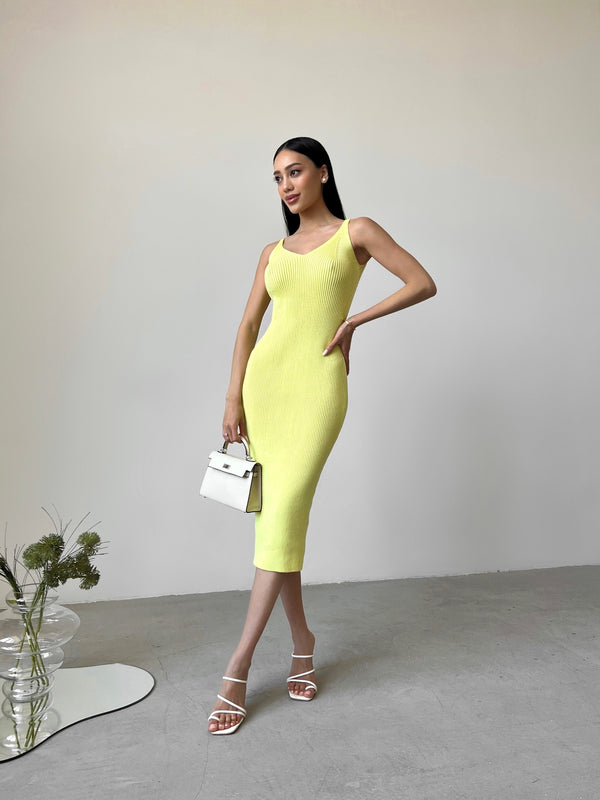 Isaure Ribbed Knit Midi Dress – Lemon