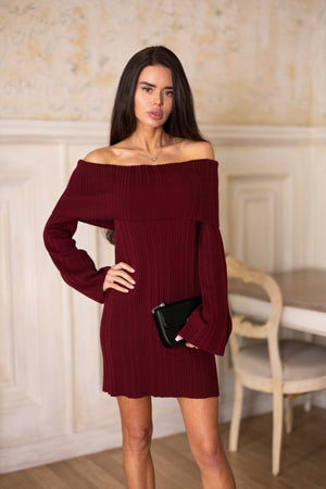 Noor Off-Shoulder Knit Dress – Burgundy