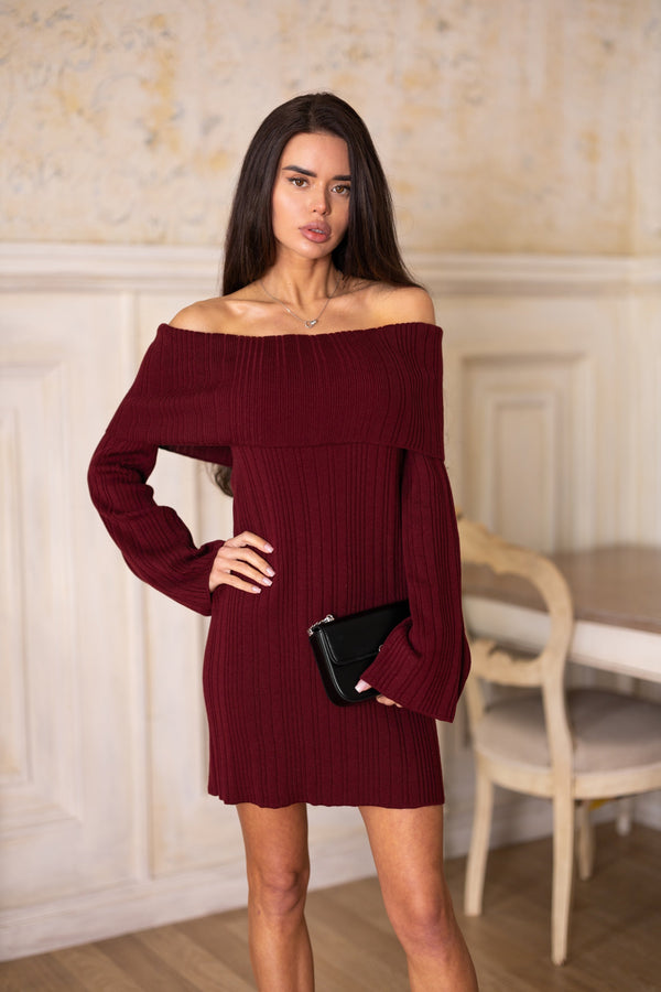 Noor Off-Shoulder Knit Dress – Burgundy