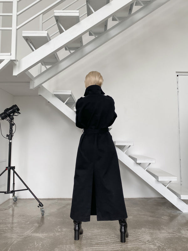 Dorothée Belted Faux-Leather Trench – Navy