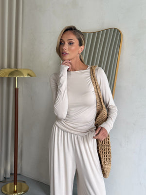 Angeline Knit Cardigan, Top & Trouser Set – Cream