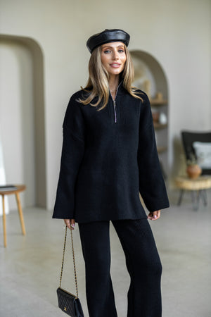 Agathe Half-Zip Knit Set – Black