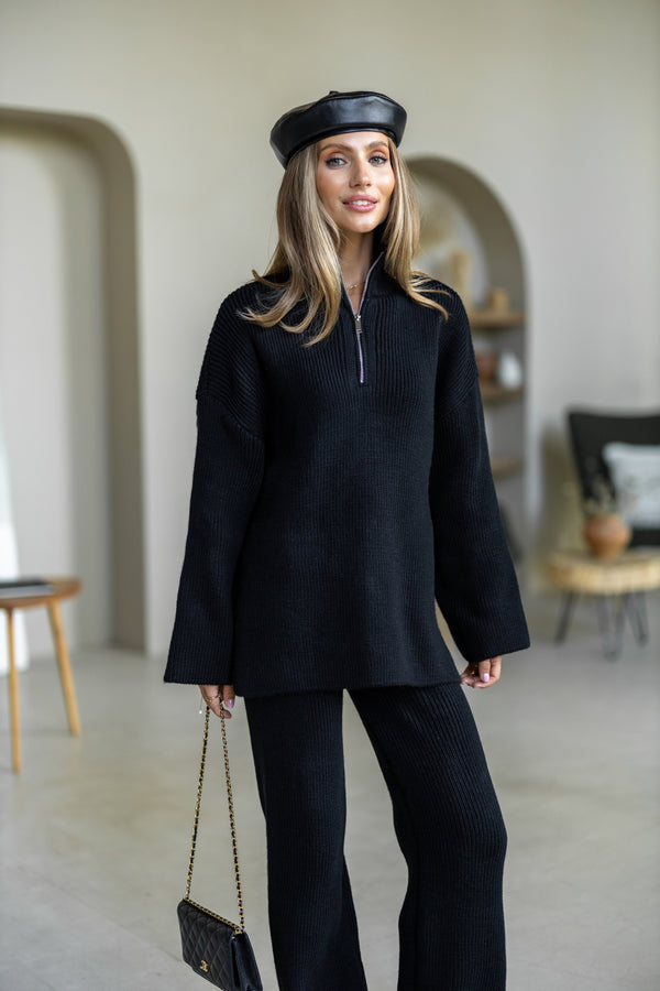 Agathe Half-Zip Knit Set – Black