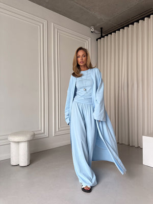 Angeline Knit Cardigan, Top & Trouser Set – Sky Blue