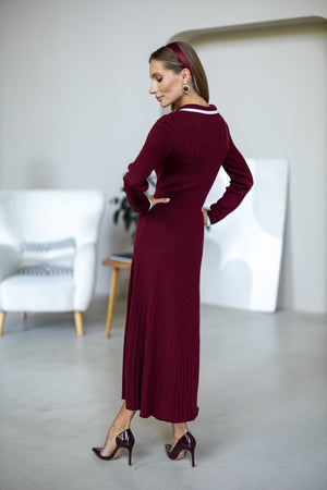 Constance Contrast-Collar Knit Midi Dress – Burgundy