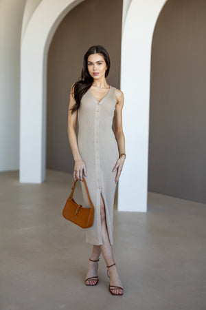 Léonie Buttoned Knit Midi Dress – Beige
