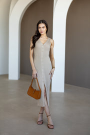 Léonie Buttoned Knit Midi Dress in Beige