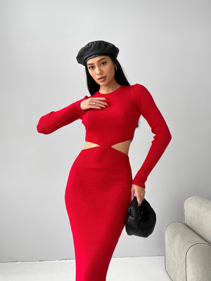 Nadia Ribbed Cut-Out Knit Set – Red