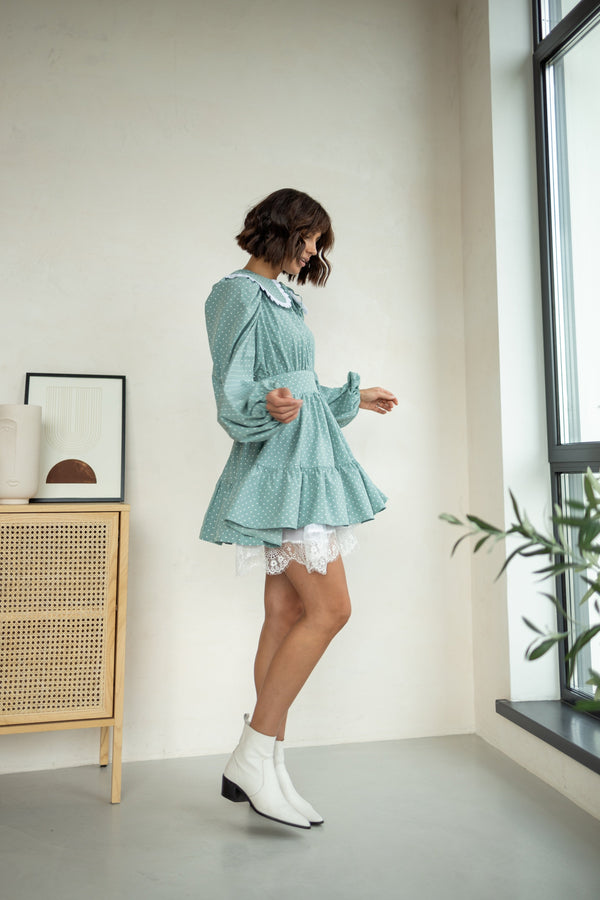 Oriane Lace-Trim Printed Mini Dress – Mint