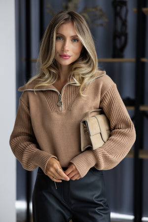 Éliane Half-Zip Cropped Sweater – Camel