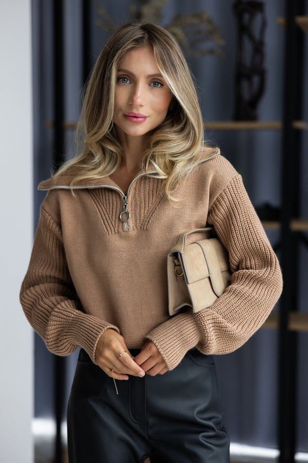 Éliane Half-Zip Cropped Sweater – Camel