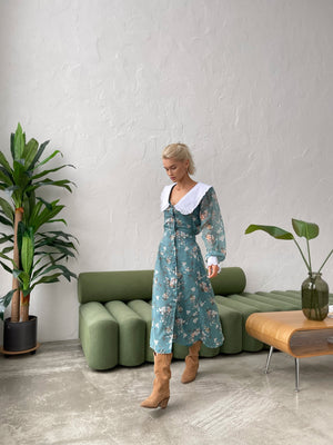 Domitille Collared Floral Midi Dress – Green