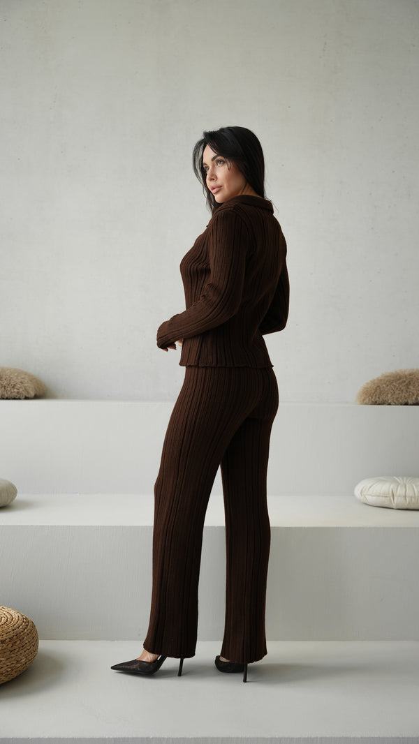Lucienne Knit Shirt & Trouser Set – Brown