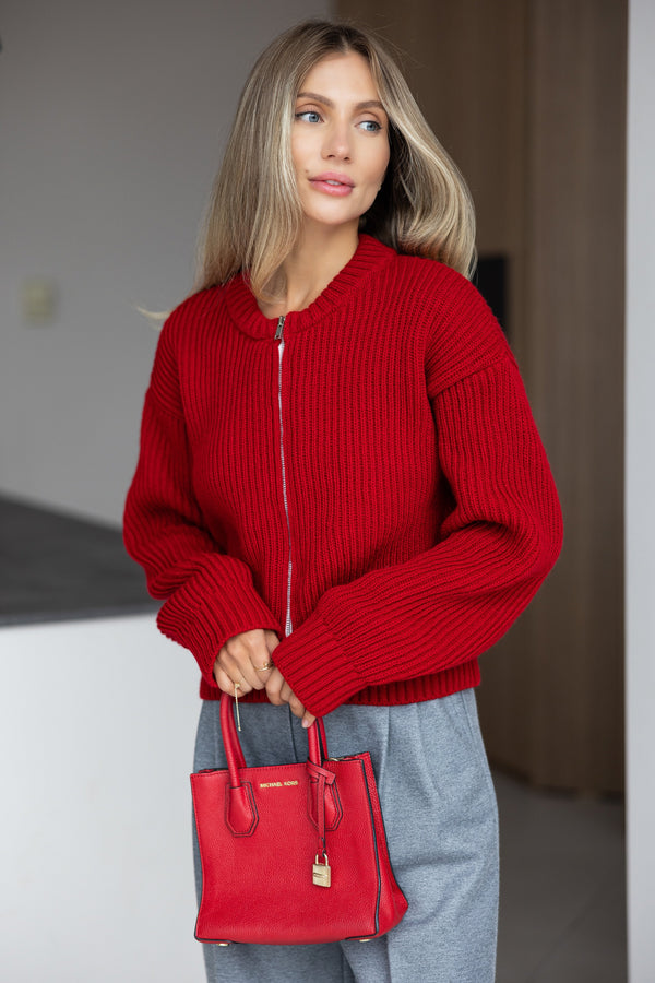 Romy Zip-Front Knit Jacket – Red