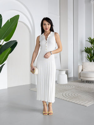 Victorine Pleated Polo Knit Dress – Milk White