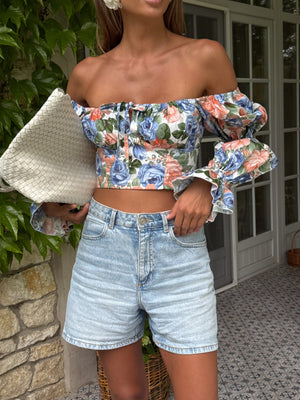 Sylvaine Off-Shoulder Printed Crop Top
